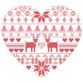 Scandinavian Nordic winter stitch, knitting christmas pattern in in heart shape shape including snowflakes, xmas trees,reindeer,