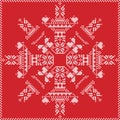 Scandinavian Nordic winter stitch, knitting christmas pattern in in snowflake shape , with cross stitch frame including , snow, Royalty Free Stock Photo