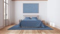 Scandinavian nordic wooden bedroom in white and blue tones. Double bed, side tables and carpet. Parquet floor and beams ceiling. Royalty Free Stock Photo