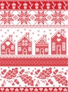 Scandinavian and Norwegian Christmas folk inspired festive autumn and winter seamless pattern in cross stitch with acorn, oak