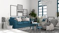 Scandinavian open space in white and blue tones, living room with sofa, coffee tables, armchair, pillows, carpet, decors and Royalty Free Stock Photo