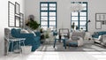 Scandinavian open space in white and blue tones, living room with sofa, coffee tables, armchair, pillows, carpet, decors and Royalty Free Stock Photo