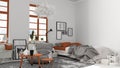 Scandinavian open space in white and orange tones, bedroom with bed and decors, coffee tables, armchair, pillows, carpet, decors Royalty Free Stock Photo