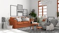 Scandinavian open space in white and orange tones, living room with sofa, coffee tables, armchair, pillows, carpet, decors and Royalty Free Stock Photo