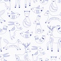 Vector pattern in Scandinavian style.Forest animals In blue. Royalty Free Stock Photo