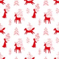 Vector pattern in Scandinavian style.Forest animals In red Royalty Free Stock Photo