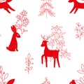 Vector pattern in Scandinavian style.Forest animals In red Royalty Free Stock Photo
