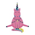 Scandinavian pink unicorn with rainbow horn isolated on white background.A cute horse in a flat style sits. Hand vector