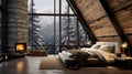 Scandinavian pitch roof bedroom with king size bed and throw log burning fire window view of pine trees Generative AI