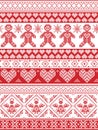 Scandinavian Printed Textile inspired festive winter seamless pattern in cross stitch with Gingerbread man, snowflake