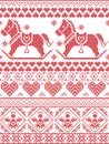 Scandinavian Printed Textile style and inspired by Norwegian Christmas and festive winter pattern with rocking horses angels heart Royalty Free Stock Photo