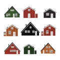 Scandinavian red black green wooden houses set with black roof on white background Royalty Free Stock Photo