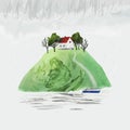 Scandinavian romantic vector Illustration with house, trees, hill and boat. Concept of loneliness. Lonely house on the mountain