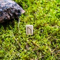 Scandinavian rune Uruz strength, health, on wet moss.
