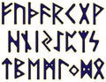 Scandinavian runes blue letters with a yellow outline on a white background