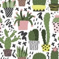 Scandinavian seamless cactus pattern. Hand drawn succulents and brush marks background