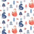 Scandinavian seamless pattern folk forest animal background