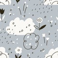 Scandinavian seamless pattern. Nature print, flowers, clouds and rain drops in Scandi doodle style. Endless kids