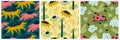 Scandinavian set of spring patterns with sunflowers, ladybugs and tree. Seamless pattern with insects and flower. Vector