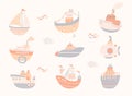 Scandinavian ship. Cruiser sailboat and kids submarine boat. Boy shirt print, cartoon flat ocean cute elements. Sea