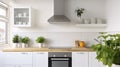 Scandinavian Simplicity - A Minimal White Kitchen Accented with a Silver Cooker Hood and Natural Wood Royalty Free Stock Photo