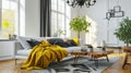 Scandinavian sofa with pillows and dark yellow blanket in bright living room interior. AI Generative Royalty Free Stock Photo