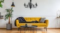 Scandinavian sofa with pillows and dark yellow blanket in bright living room interior. AI Generative Royalty Free Stock Photo