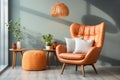 Scandinavian soft pink armchair in living room in fall coloured. Modern interior. Generative AI.