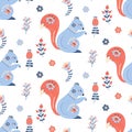 Scandinavian squirrel seamless pattern folk forest animal background