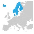 Scandinavian states Denmark, Norway, Finland, Sweden and Iceland blue highlighted in the political map of Europe. Vector