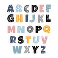 Scandinavian style alphabet for kids. Cute colorful letters with abstract hand drawn decor. Vector childish cartoon font Royalty Free Stock Photo