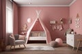 Scandinavian-style baby girl nursery with pink cradle and play tent, generative AI