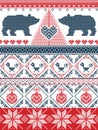 Scandinavian style Christmas seamless pattern in cross stitch with polar bear, Christmas tree, heart, robin bird , bauble