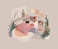 Scandinavian style cozy interior bedroom with homeplants. Cartoon vector illustration. Soft terracota