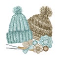 Scandinavian style Crochet Shop Logotype, Branding, Avatar composition of hats, hooks, yarns, crocheted heart, bow