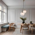 A Scandinavian-style dining area with a long wooden table, mid-century chairs, pendant lighting, and neutral tones throughout th