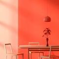 Scandinavian style dining room with wooden chair and table. Lush lava coloured dining room design. 3D illustration