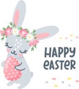 Scandinavian-style hare with a wreath of flowers on his head. Easter bunny holding an egg. Happy Easter inscription.