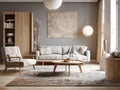 Scandinavian style home interior design of modern living room. Armchair and sofa against grey wall with poster. Created with Royalty Free Stock Photo