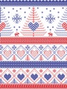 Scandinavian style inspired Christmas and festive winter seamless pattern in cross stitch style: Xmas trees, snowflakes, Rabbiits