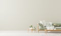 Scandinavian style interior with sofa and coffe table. Empty wall mock up in minimalist interior with pastel colors. 3D