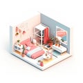 Scandinavian style isometric projection tiny miniature room on white background, AI generative