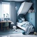 Scandinavian Style Of Kids Boys Room, Bed and Shelf With Toys Decoration, Generative Ai