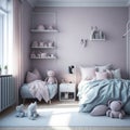 Scandinavian Style Of Kids Girls Room, Bed and Shelf With Toys Decoration, Generative Ai