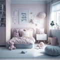 Scandinavian Style Of Kids Girls Room, Bed and Shelf With Toys Decoration, Generative Ai