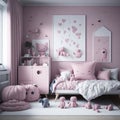 Scandinavian Style Of Kids Girls Room, Bed and Shelf With Toys Decoration, Generative Ai