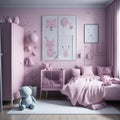 Scandinavian Style Of Kids Girls Room, Bed and Shelf With Toys Decoration, Generative Ai