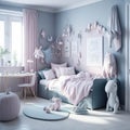 Scandinavian Style Of Kids Girls Room, Bed and Shelf With Toys Decoration, Generative Ai