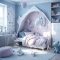 Scandinavian Style Of Kids Girls Room, Bed and Shelf With Toys Decoration, Generative Ai