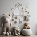 Scandinavian Style Kids Room, Beige color, Lots of Hanging toys on wall, Teddy bear, Lamp, Soft Light Generative Ai